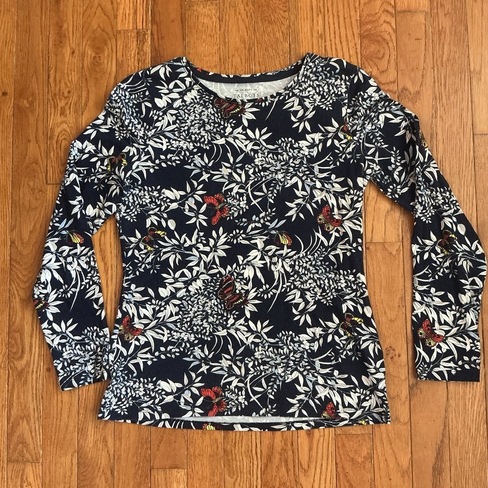 Talbots navy butterfly botanical long sleeve jersey  knit top size SP